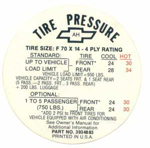 1968 - Tire Pressure Decal for Glove Box - Exact Reproduction F70 x 14 Tire